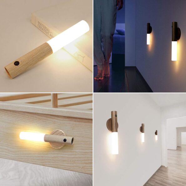 Lampe Murale LED en Bois Vintage – Détecteur de Mouvement et Rechargeable USB